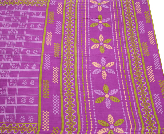 Sushila Vintage Purple Saree 100% Pure Cotton Printed Checks Soft Craft Fabric