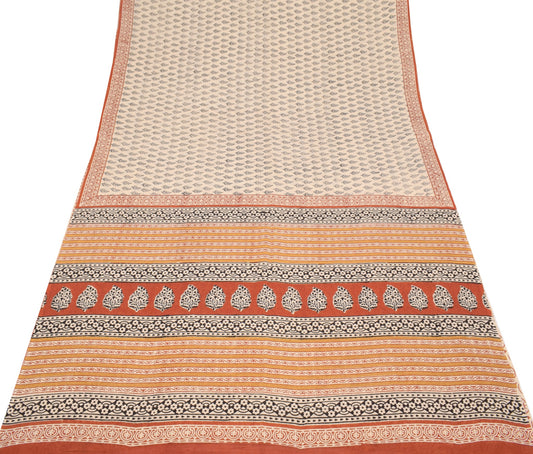 Sushila Vintage Cream Saree Pure Cotton Printed Hand Block 6 Yard Soft Fabric