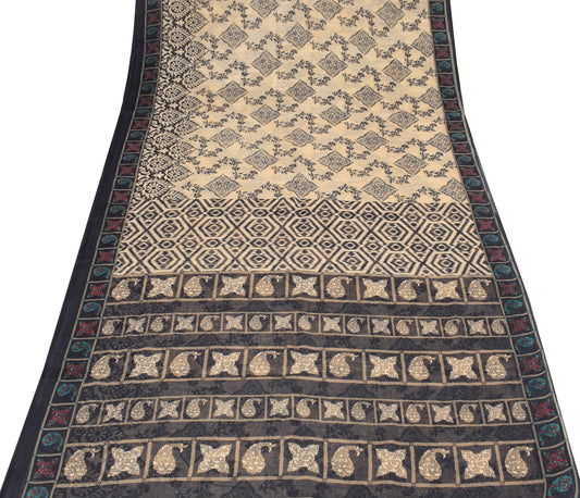 Sushila Vintage Floral Cream Saree Printed 100% Pure Cotton Soft Craft Fabric