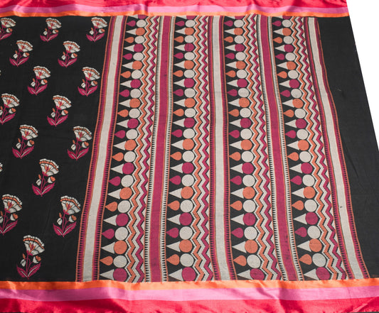 Sushila Vintage Classy Black Saree Pure Cotton Hand Block Printed Craft Fabric