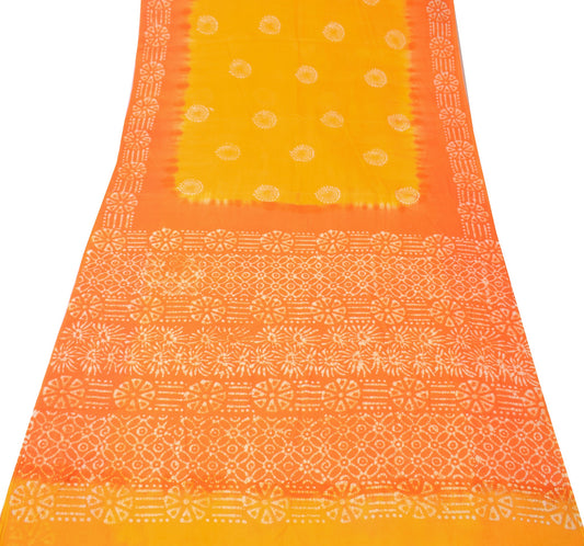 Sushila Vintage Yellow Orange Saree 100% Pure Cotton Printed Batik Soft Fabric