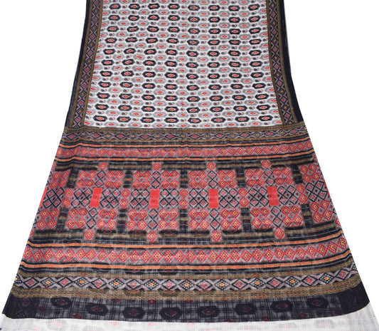 Sushila Vintage White Ikat Print Saree 100% Pure Cotton Soft Indian Craft Fabric