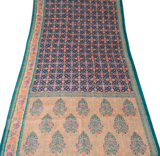 Sushila Vintage Dark Blue Saree 100% Pure Cotton Printed Geometric Craft Fabric