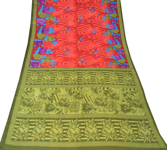 Sushila Vintage Floral Red Saree 100% Pure Cotton Printed Soft Craft Fabric