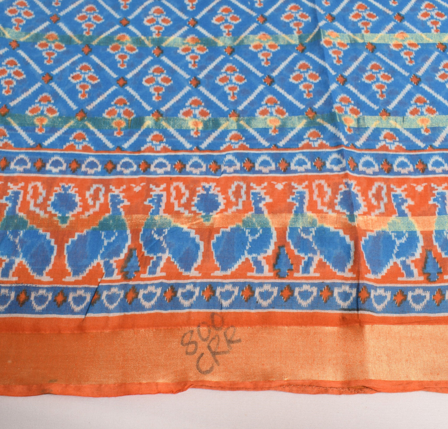 Sushila Vintage Ikat Print Saree Turquoise Blue Pure Cotton Soft Craft Fabric