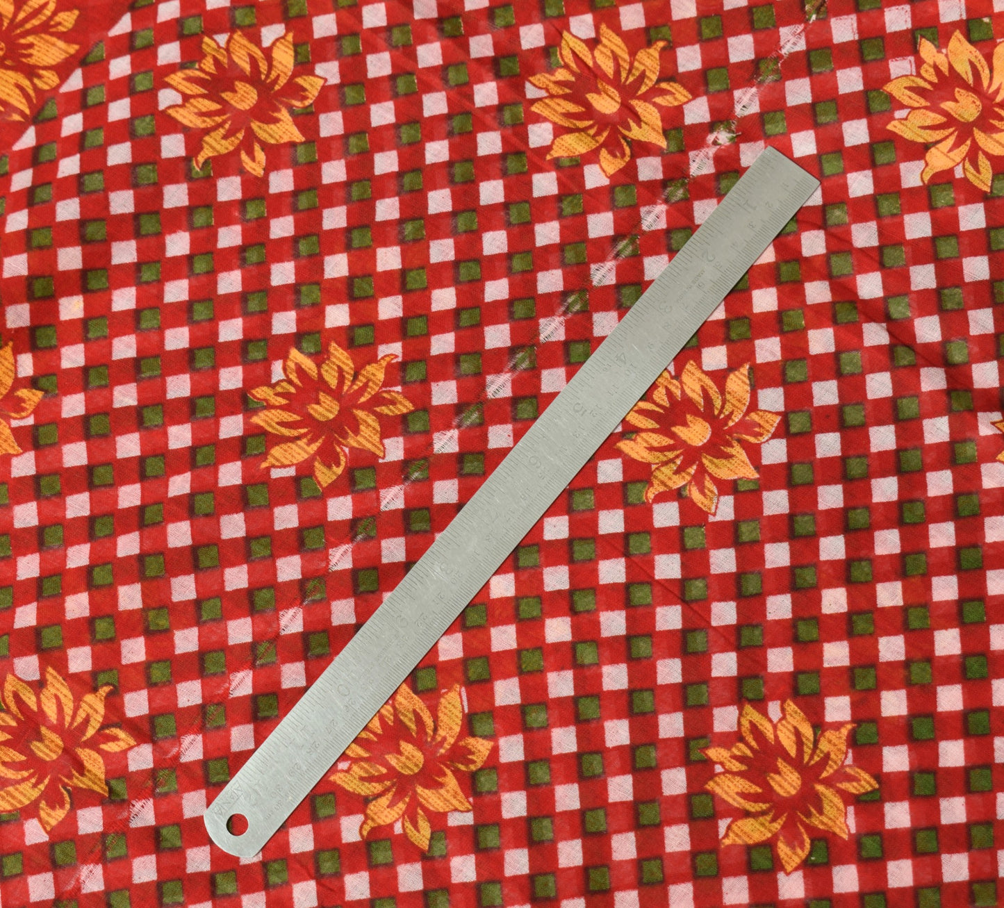 Sushila Vintage Red Saree Pure Cotton Printed Checks & Floral Soft Craft Fabric