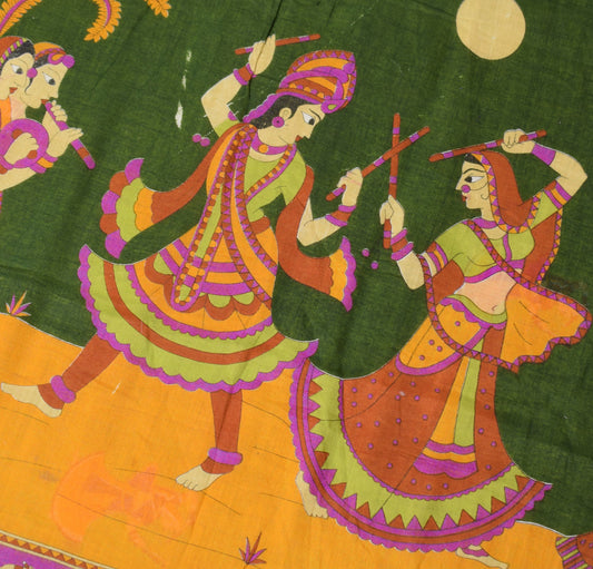 Sushila Vintage Green Scrap Saree Pure Cotton Figure Printed Sari Craft Fabric