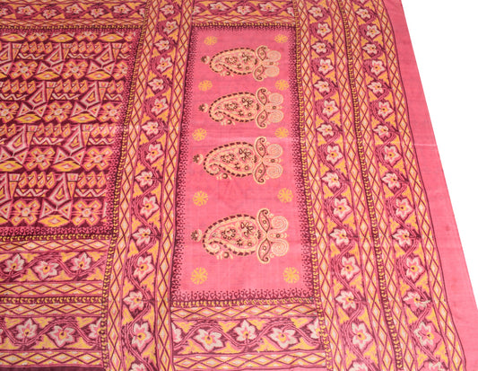 Sushila Vintage Pink Scrap Saree Pure Silk Printed Hand Block Sari Craft Fabric
