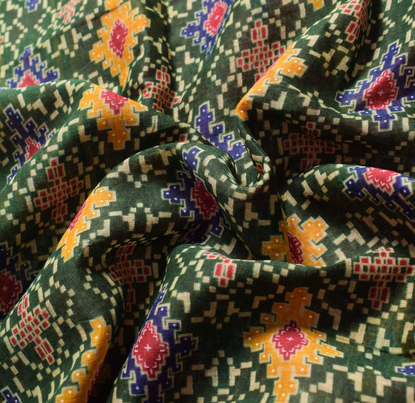 Sushila Vintage Green Saree 100% Pure Cotton Printed Geometrical Craft Fabric