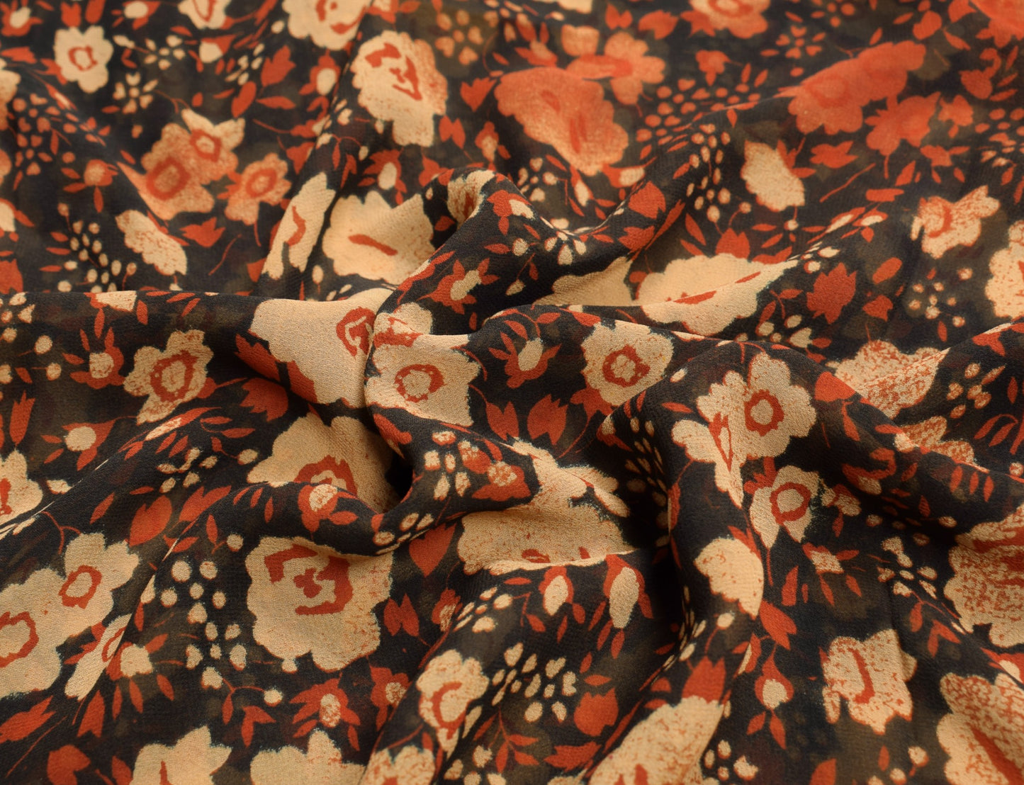 Sushila Vintage Black Saree Pure Georgette Silk Printed Craft Floral Sari Fabric