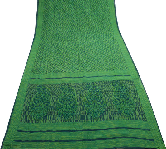 Sushila Vintage Green Saree 100% Pure Georgette Silk Printed Floral Craft Fabric