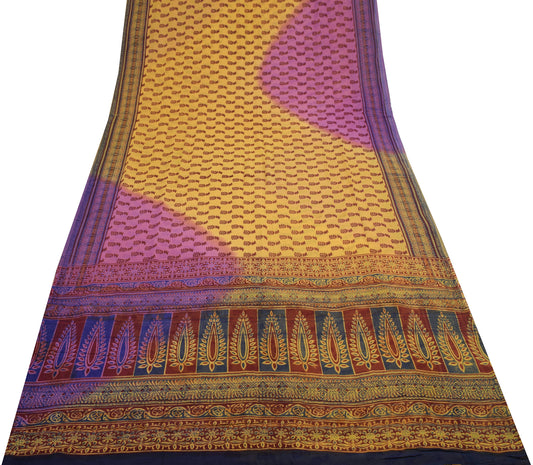 Sushila Vintage Mustard Saree 100% Pure Georgette Printed Floral Craft Fabric