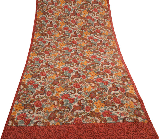 Sushila Vintage Cream Saree 100% Pure Georgette Silk Printed Floral Craft Fabric