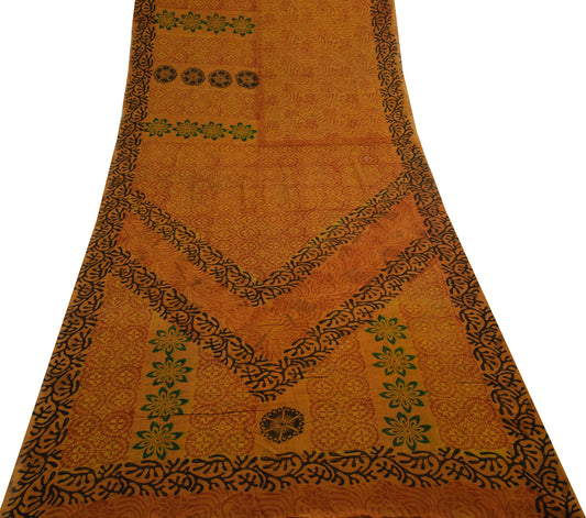 Sushila Vintage Mustard Saree 100% Pure Georgette Silk Printed Floral Fabric