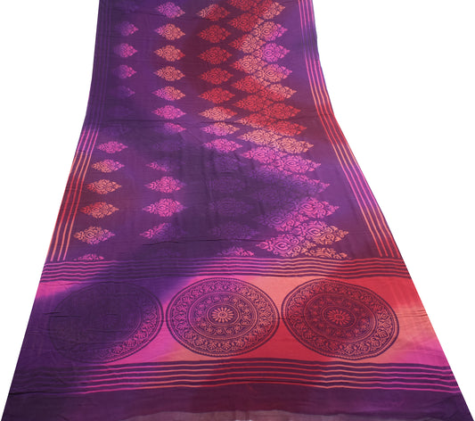 Sushila Vintage Purple Saree 100%Pure Georgette Silk Printed Floral Craft Fabric