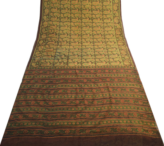 Sushila Vintage Dark Brown Saree 100% Pure Georgette Silk Printed Paisley Fabric