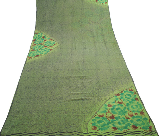 Sushila Vintage Saree 100% Pure Georgette Silk Printed Green Floral Craft Fabric