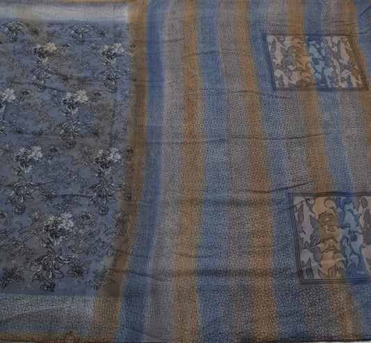 Sushila Vintage Gray Saree 100% Pure Georgette Silk Printed Floral Craft Fabric