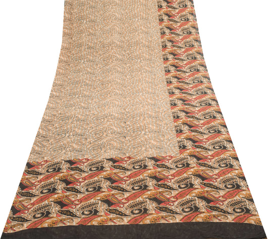 Sushila Vintage Brown Saree 100%Pure Georgette Silk Paisley Printed Craft Fabric