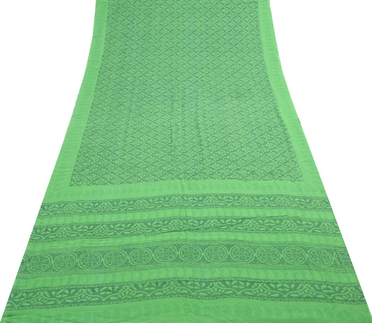 Sushila Vintage Saree 100% Pure Georgette Silk Green Floral Printed Craft Fabric