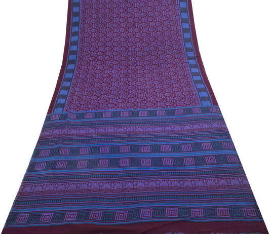 Sushila Vintage Saree 100%Pure Georgette Silk Printed Maroon Floral Craft Fabric