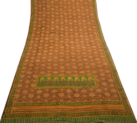 Sushila Vintage Saree 100% Pure Georgette Silk Printed Brown Floral Craft Fabric