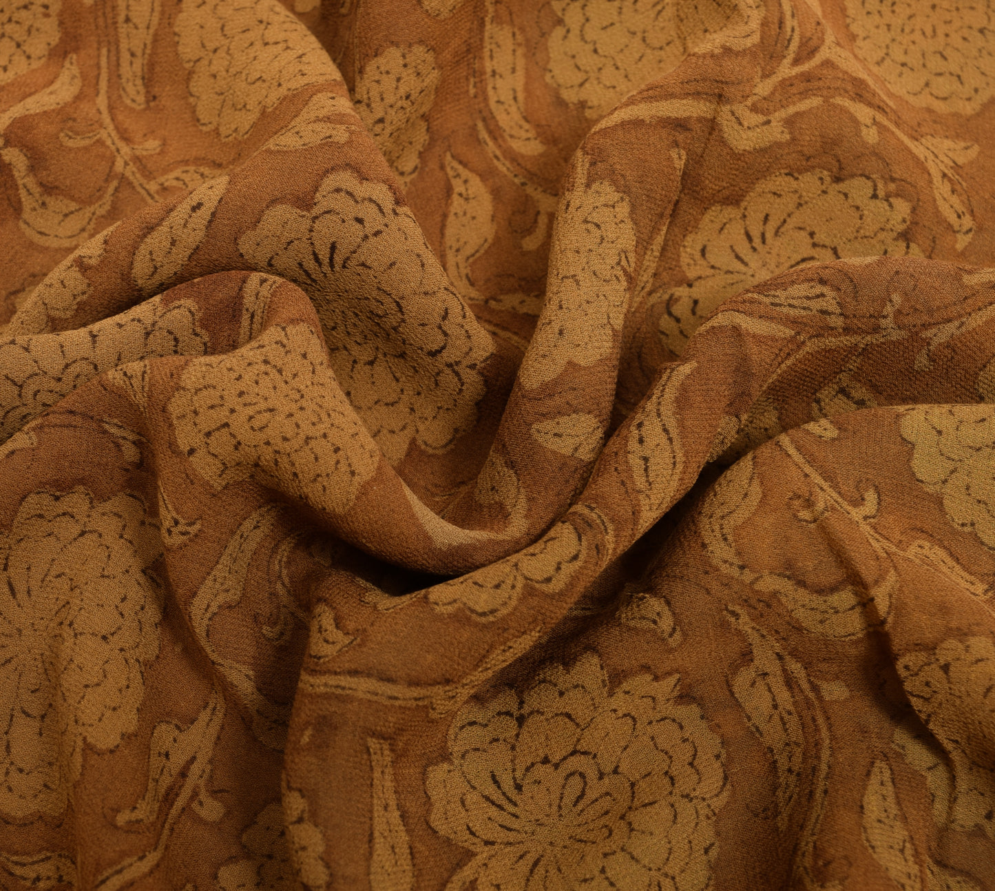 Sushila Vintage Saree 100% Pure Georgette Silk Printed Brown Floral Craft Fabric