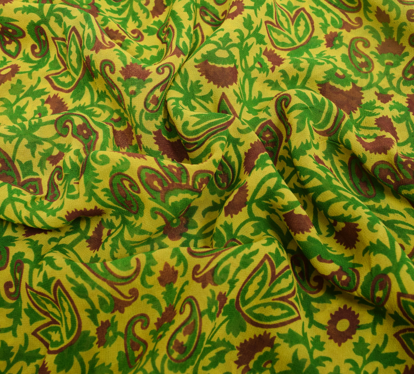 Sushila Vintage Saree Pure Georgette Silk Yellow Paisley Printed Craft Fabric
