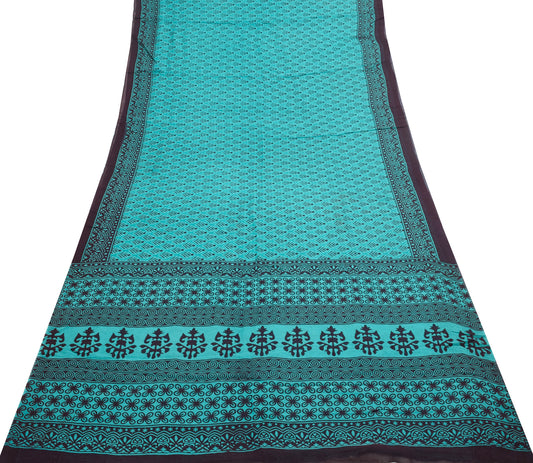 Sushila Vintage Aqua Blue Saree 100% Pure Georgette Silk Printed Floral Fabric