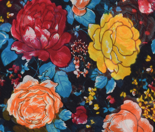 Sushila Vintage Black Floral Saree 100% Pure Georgette Silk Printed Craft Fabric