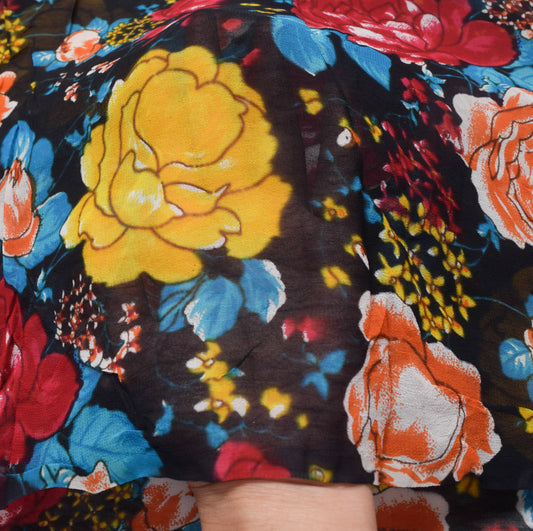 Sushila Vintage Black Saree 100% Pure Georgette Silk Printed Floral Craft Fabric