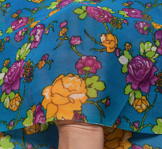 Sushila Vintage Blue Saree 100% Pure Georgette Silk Printed Craft Floral Fabric