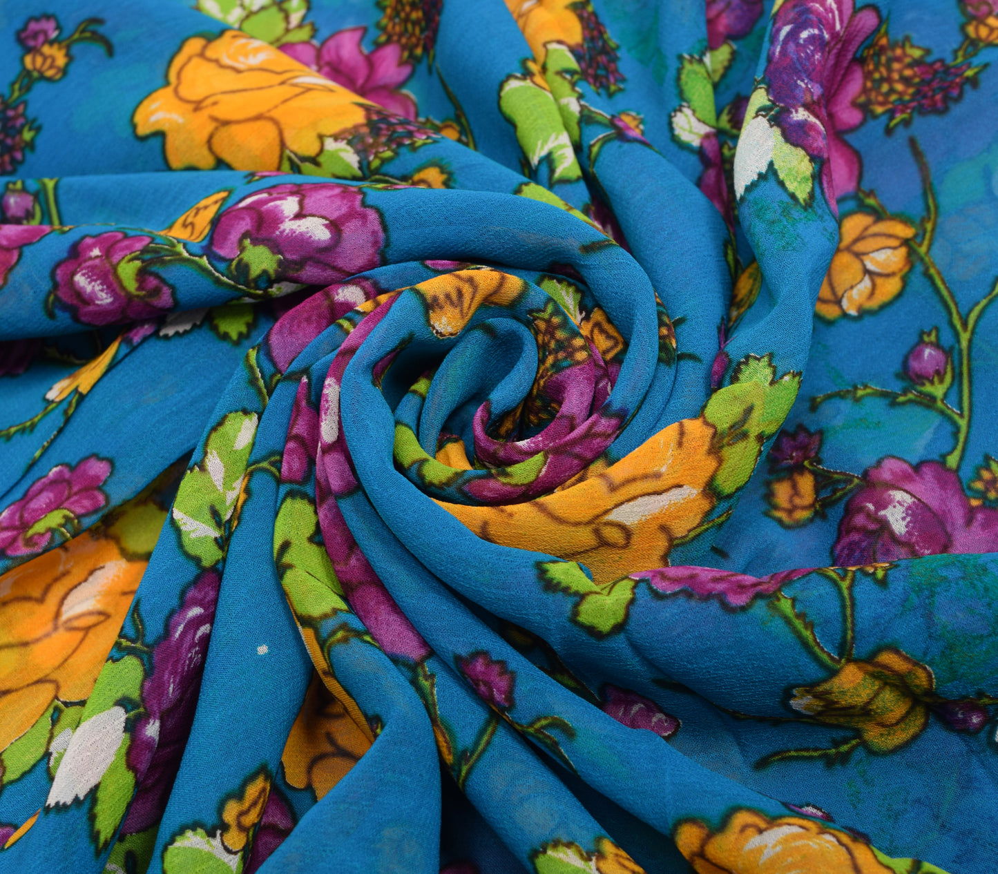 Sushila Vintage Saree Pure Georgette Printed Turquoise Blue Floral Craft Fabric