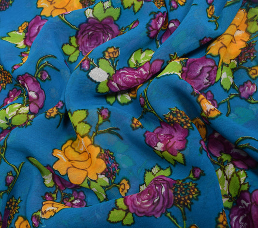 Sushila Vintage Saree Pure Georgette Printed Turquoise Blue Floral Craft Fabric