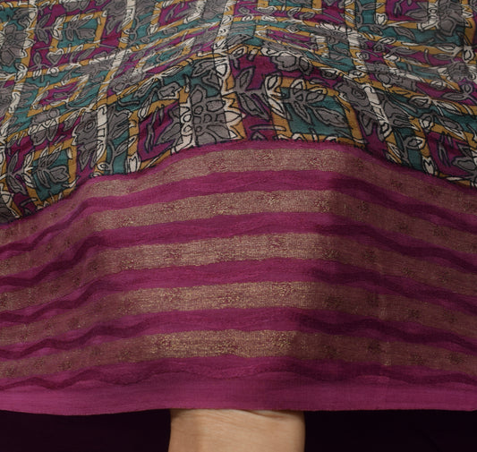 Sushila Vintage Purple Saree 100%Pure Georgette Silk Floral Printed&Woven Fabric