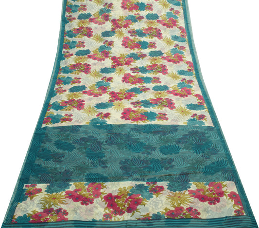 Sushila Vintage Floral Cream Saree 100% Pure Georgette Silk Printed Craft Fabric