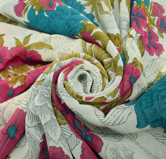 Sushila Vintage Floral Cream Saree 100% Pure Georgette Silk Printed Craft Fabric