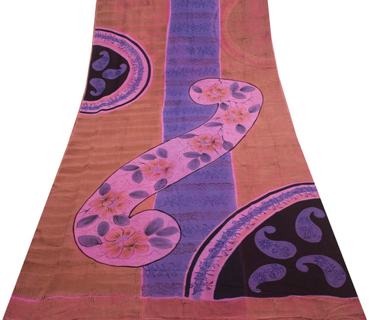 Sushila Vintage Brown Saree 100% Pure Georgette Silk Printed 5 YD Craft Fabric