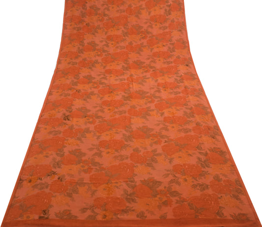 Sushila Vintage Saree 100% Pure Georgette Silk Printed Rust Floral Craft Fabric