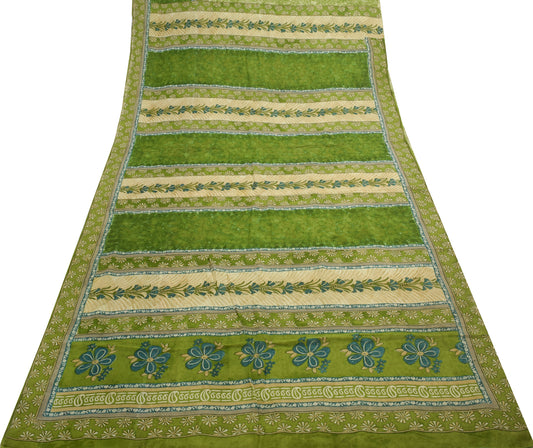 Sushila Vintage Saree 100% Pure Georgette Silk Printed Floral Green Craft Fabric