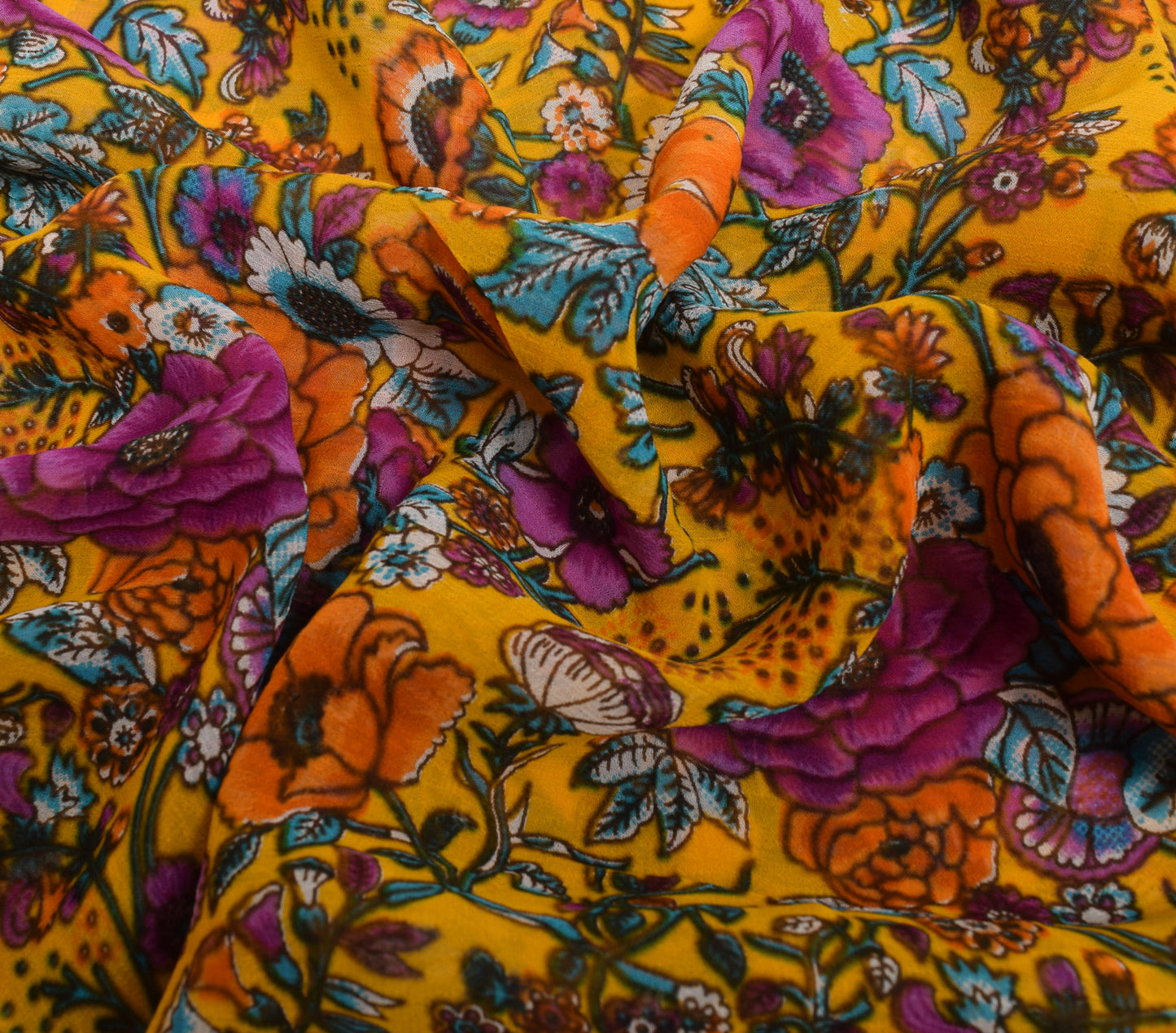 Sushila Vintage Yellow Floral Saree 100%Pure Georgette Silk Printed Craft Fabric