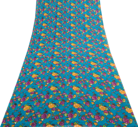 Sushila Vintage Saree 100% Pure Georgette Silk Printed Craft Blue Floral Fabric