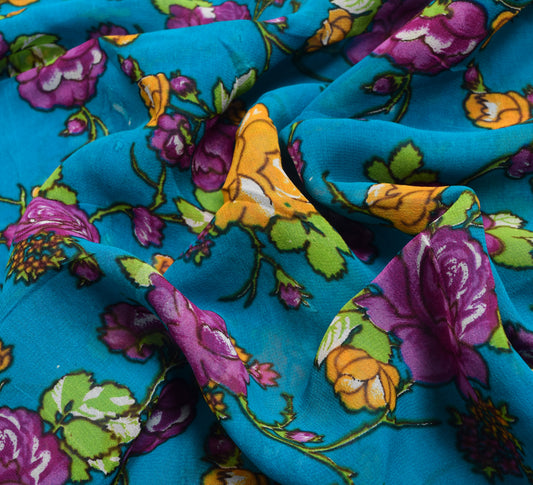 Sushila Vintage Saree 100% Pure Georgette Silk Printed Craft Blue Floral Fabric