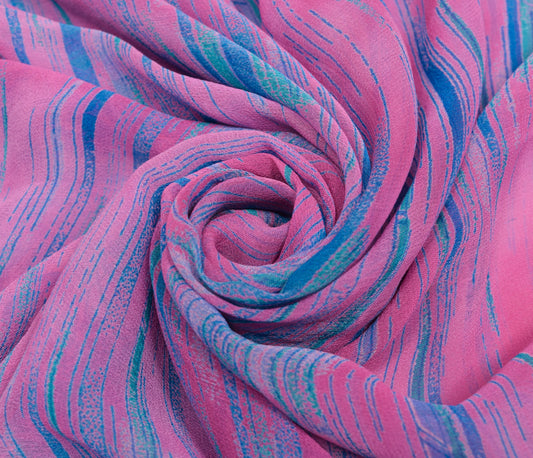 Sushila Vintage Saree 100% Pure Georgette Silk Printed Pink Indian Craft Fabric