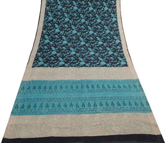 Sushila Vintage Saree 100% Pure Georgette Silk Printed Black Floral Craft Fabric
