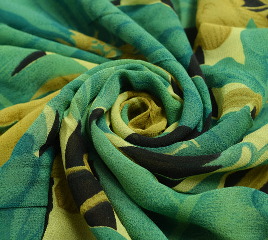 Sushila Vintage Saree 100% Pure Georgette Silk Printed Craft Black Floral Fabric