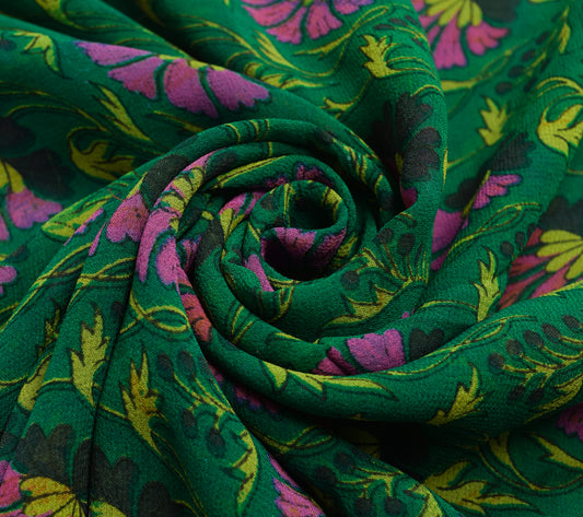 Sushila Vintage Green Floral Saree 100% Pure Georgette Silk Printed Craft Fabric