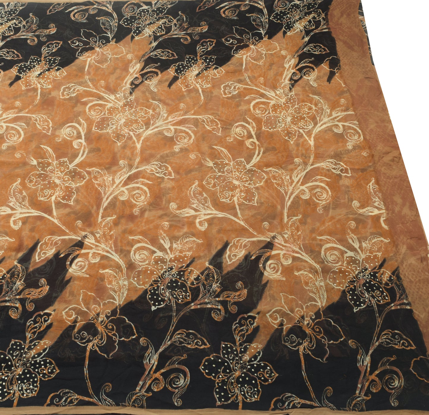 Sushila Vintage Black & Brown Saree 100% Pure Georgette Silk Hand Beaded Fabric