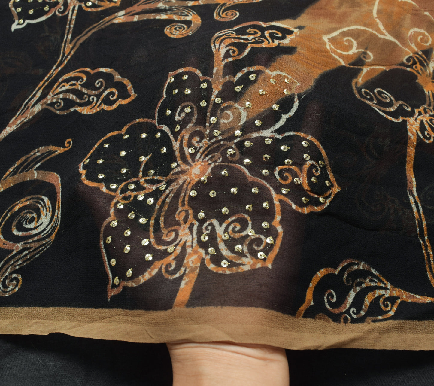 Sushila Vintage Black & Brown Saree 100% Pure Georgette Silk Hand Beaded Fabric