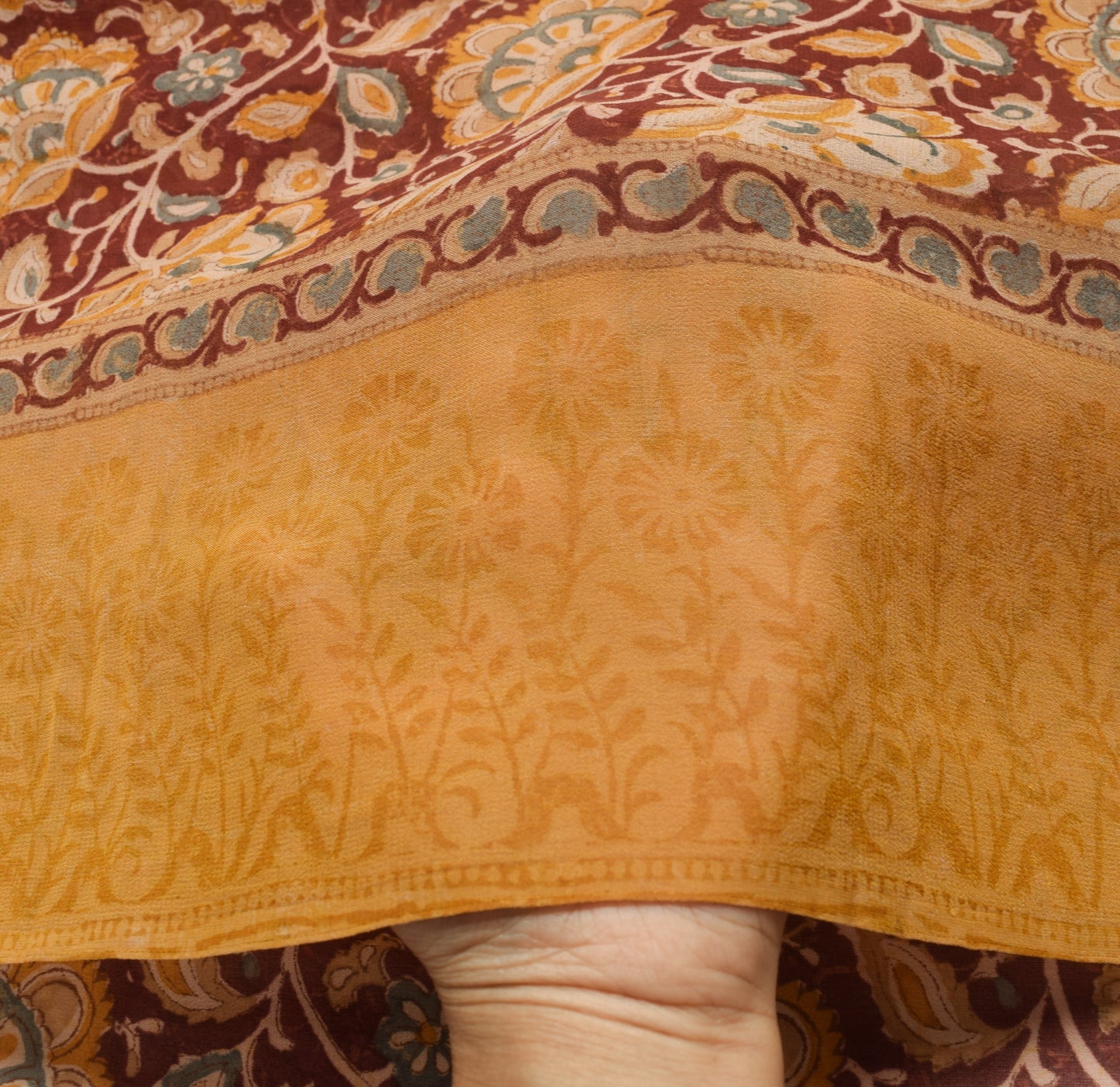 Sushila Vintage Saree 100% Pure Georgette Silk Maroon Hand Block Printed Fabric